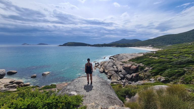 Hikers at Wilsons Promontory National Park overlooking the ocean